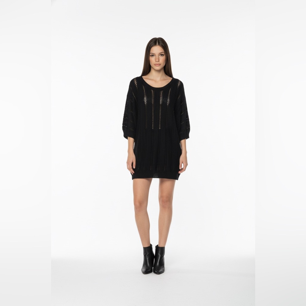 Express Black Open Knit Crochet Dolman Sleeve Tunic Sweater Medium
